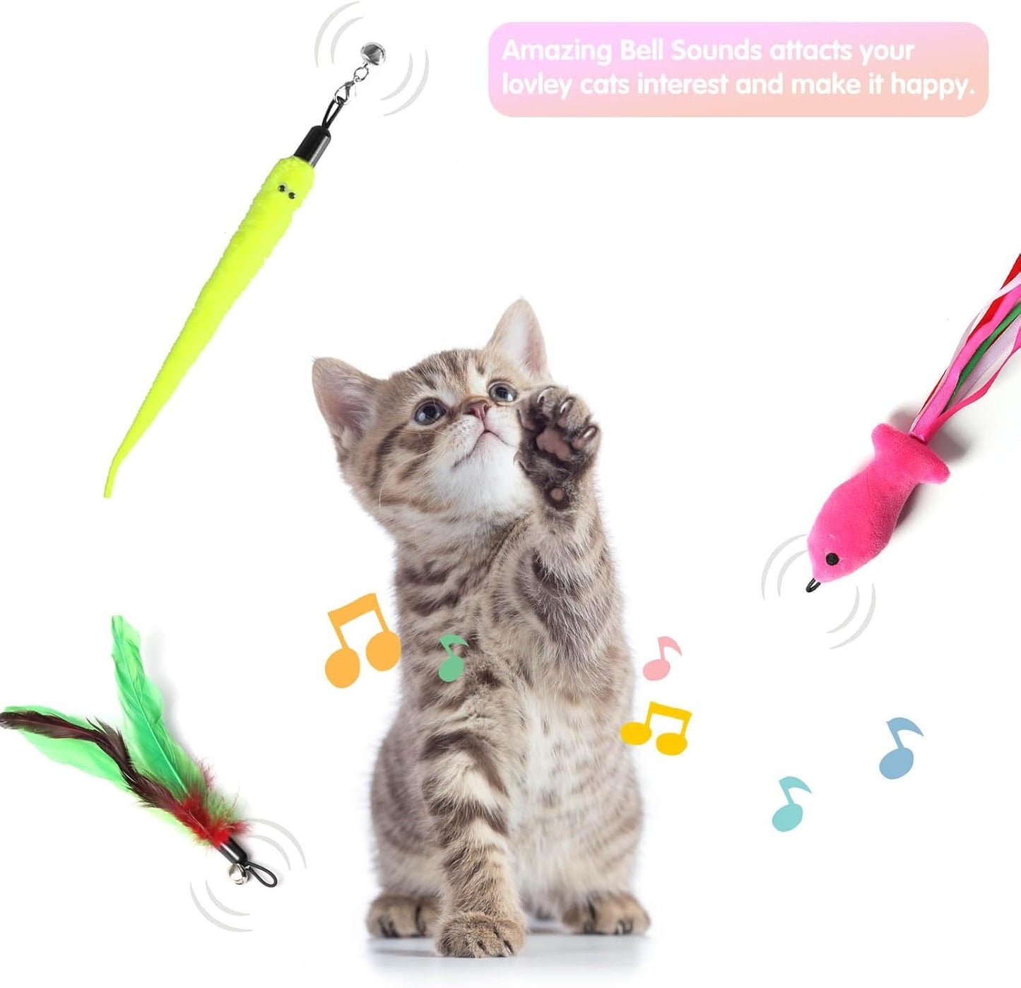 Retractable Interactive Cat Teaser Wand Set with Assorted Refill Attachments and Bell, Extendable Wand Toys for Kittens and Indoor Cats, Daily Exercise and Interactive Play Kit