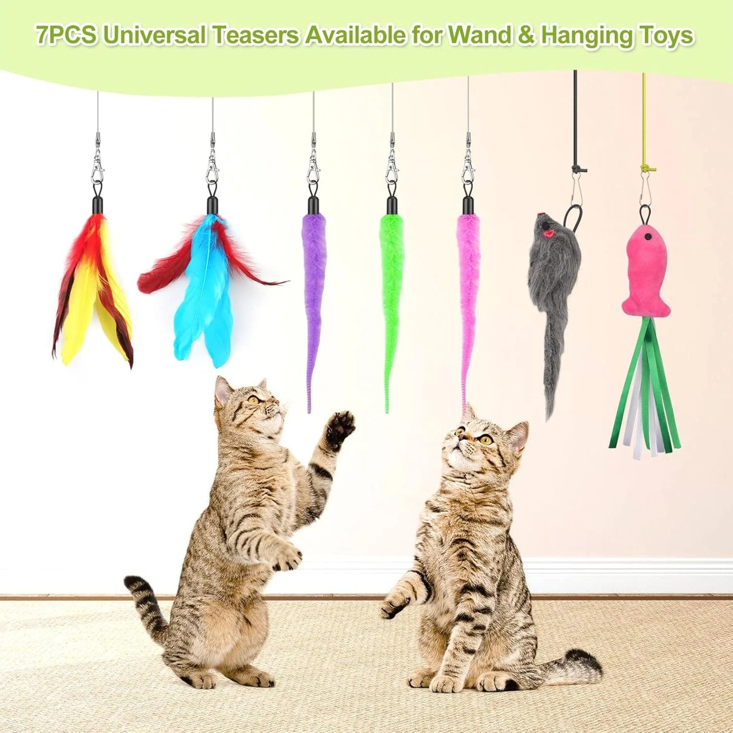 Interactive Retractable Cat Wand and Door Hanging Toy Set for Indoor Cats, 2 Extendable Wands with Multiple Teaser Attachments, Self Play and Interactive Exercise Toys for Adult Cats and Kittens