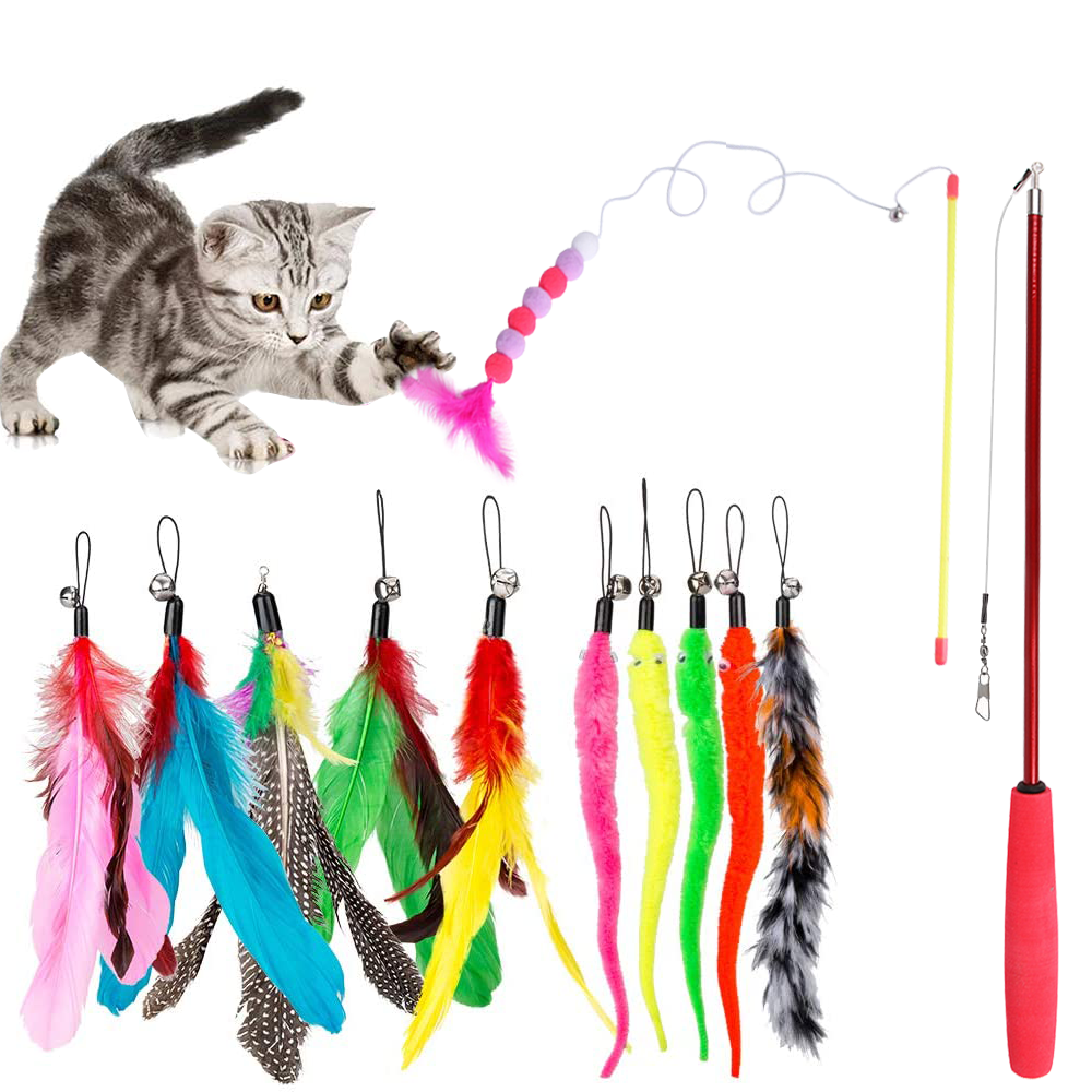 Retractable Interactive Cat Wand Toy Set with Bell Teaser Refills, 2 Extendable Wands and 10 Replacement Attachments for Kittens and Indoor Cats, Exercise and Interactive Play Toy