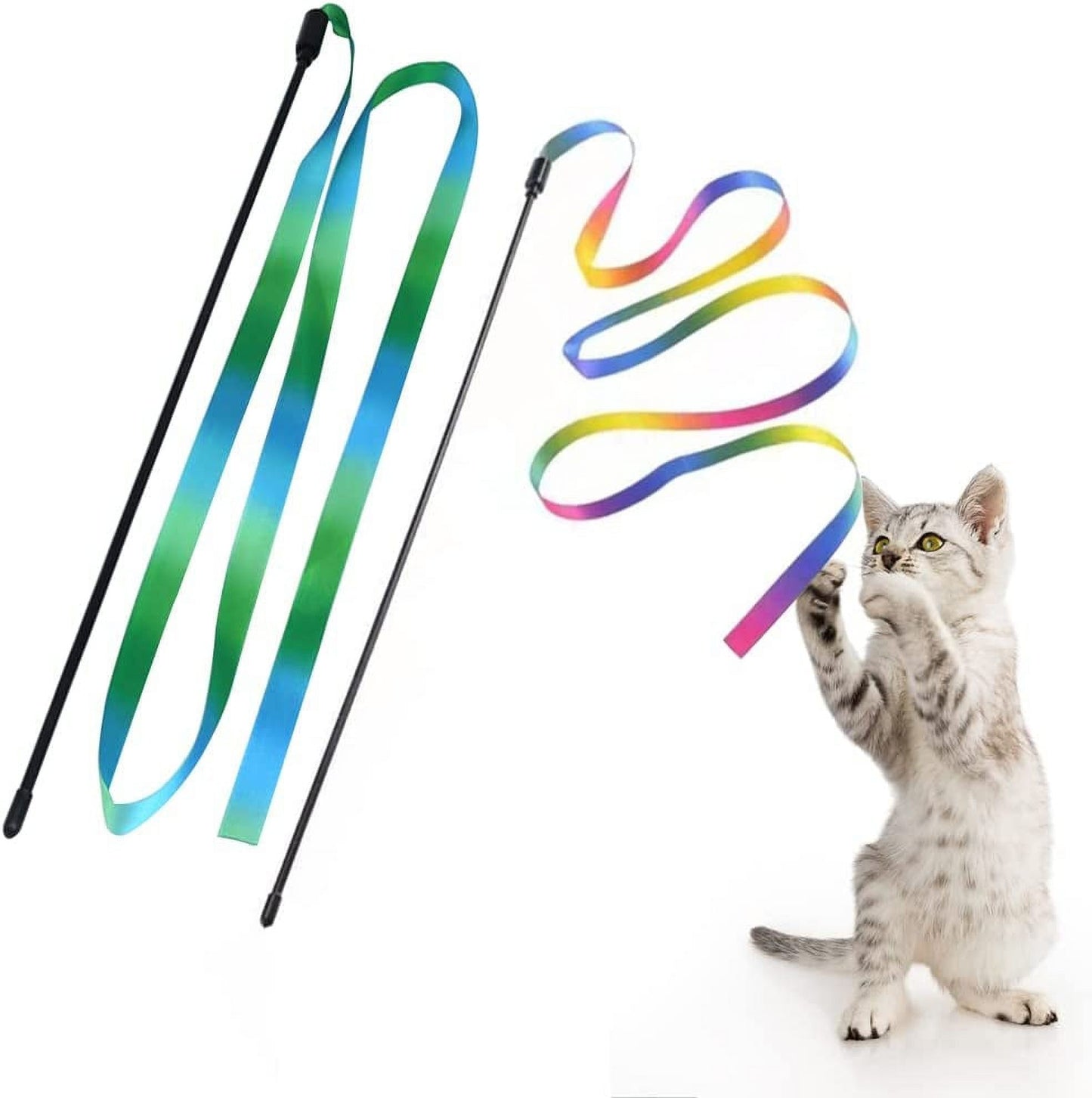 Interactive Cat Wand Toys with Colorful Ribbon Teaser, Satin String Wand for Indoor Cats and Kittens, Rainbow Ribbon Cat Charmer Stick for Daily Exercise and Interactive Play