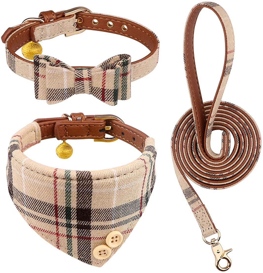 3-Piece Adjustable Dog and Cat Collar Set with Leash, Bow Tie and Bell, Soft PU Leather Pet Accessories for Small Puppies and Kittens, Stylish Beige Plaid Design