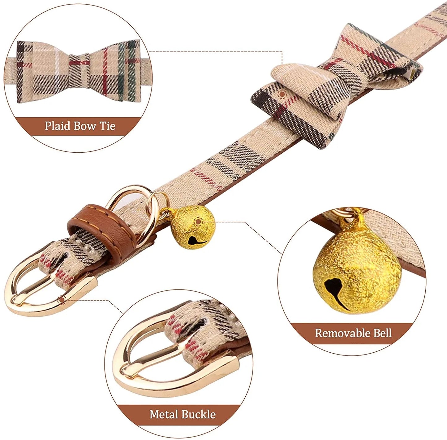 3-Piece Adjustable Dog and Cat Collar Set with Leash, Bow Tie and Bell, Soft PU Leather Pet Accessories for Small Puppies and Kittens, Stylish Beige Plaid Design
