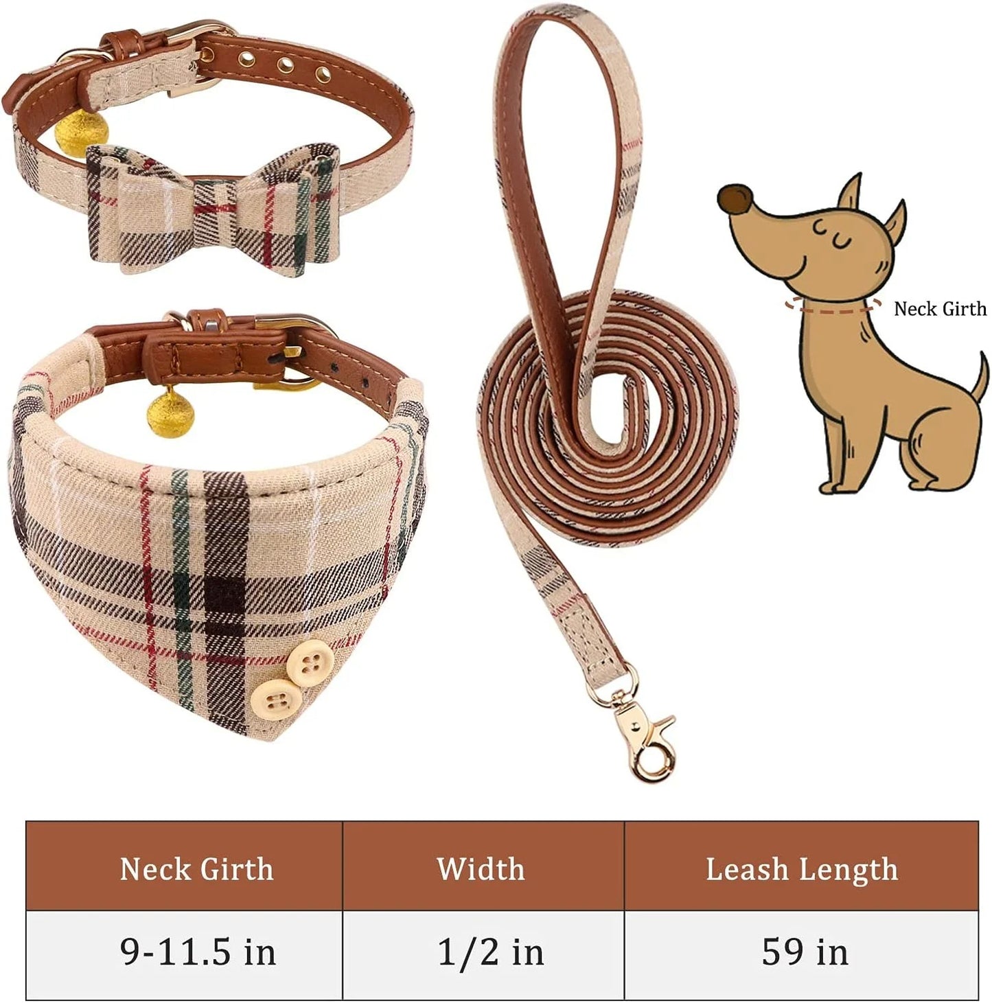 3-Piece Adjustable Dog and Cat Collar Set with Leash, Bow Tie and Bell, Soft PU Leather Pet Accessories for Small Puppies and Kittens, Stylish Beige Plaid Design