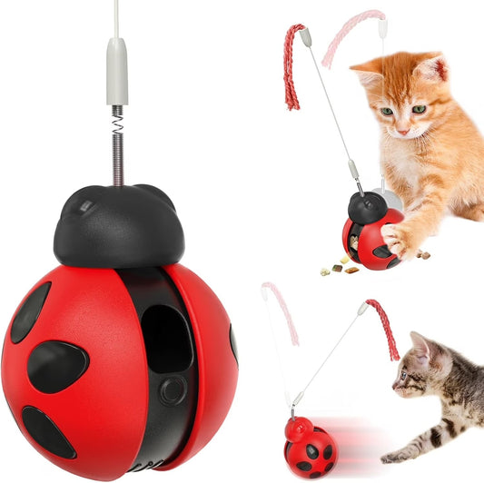 Interactive Cat Treat Dispenser Toy with Rolling Wobble Base and Spring Teaser Wand, Puzzle Feeding Ball for Indoor Cats, Mental Stimulation and Daily Enrichment Toy