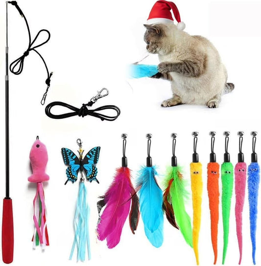 Retractable Interactive Cat Teaser Wand Set with Assorted Refill Attachments and Bell, Extendable Wand Toys for Kittens and Indoor Cats, Daily Exercise and Interactive Play Kit