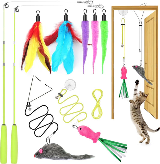 Interactive Retractable Cat Wand and Door Hanging Toy Set for Indoor Cats, 2 Extendable Wands with Multiple Teaser Attachments, Self Play and Interactive Exercise Toys for Adult Cats and Kittens