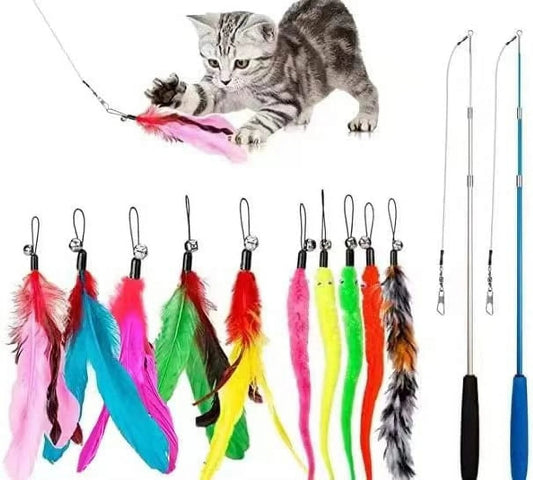 Retractable Interactive Cat Wand Toy Set with Bell Teaser Refills, 2 Extendable Wands and 10 Replacement Attachments for Kittens and Indoor Cats, Exercise and Interactive Play Toy