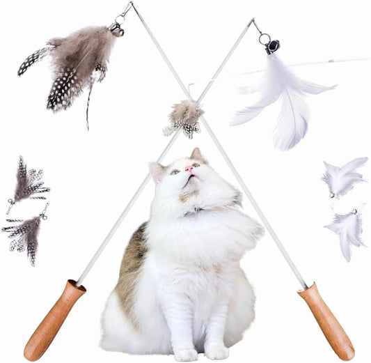 Interactive Feather Cat Wand Toy Set with 2 Teaser Wands and 4 Interchangeable Refills, 27 Inch Flexible Wire and Wooden Handle for Indoor Cats and Kittens Exercise Play