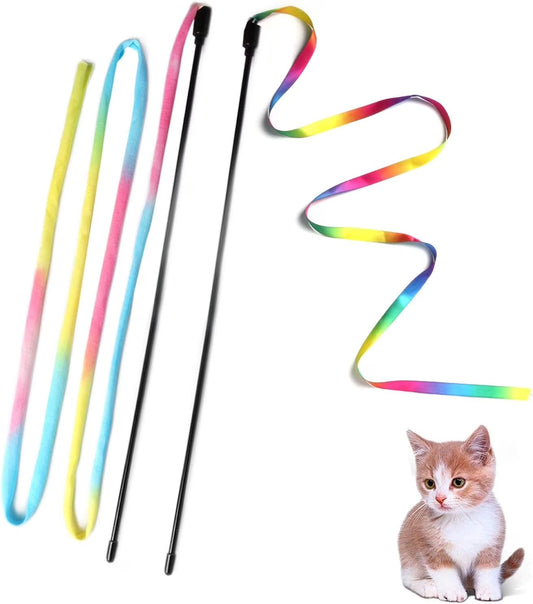 Interactive Cat Wand Toys with Colorful Ribbon Teaser, Satin String Wand for Indoor Cats and Kittens, Rainbow Ribbon Cat Charmer Stick for Daily Exercise and Interactive Play