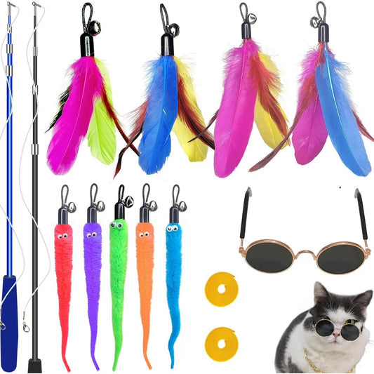 Interactive Cat Wand Toy Set for Indoor Cats and Kittens, 2 Retractable Wands with 9 Teaser Attachments and Glasses Toy, Chase Exercise and Interactive Play Kit