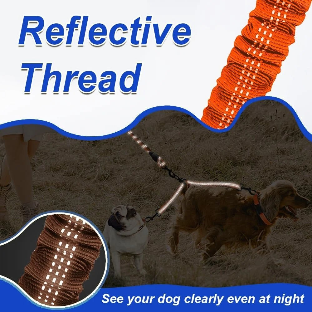 Double Dog Leash for Walking Two Dogs, Dual Shock-Absorbing Bungee Leash with 360° Swivel, Anti-Tangle Reflective Nylon Walking Training Lead for Medium and Large Dogs, 18–121 lbs, Black