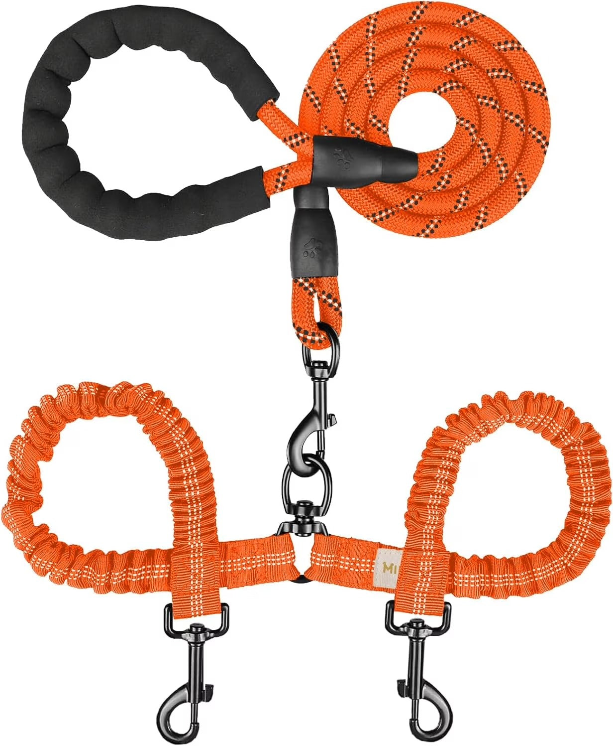 Double Dog Leash for Walking Two Dogs, Dual Shock-Absorbing Bungee Leash with 360° Swivel, Anti-Tangle Reflective Nylon Walking Training Lead for Medium and Large Dogs, 18–121 lbs, Black