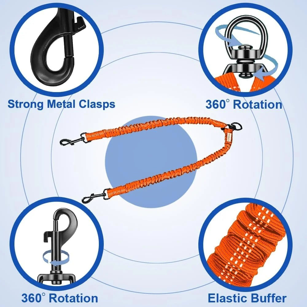 Double Dog Leash for Walking Two Dogs, Dual Shock-Absorbing Bungee Leash with 360° Swivel, Anti-Tangle Reflective Nylon Walking Training Lead for Medium and Large Dogs, 18–121 lbs, Black