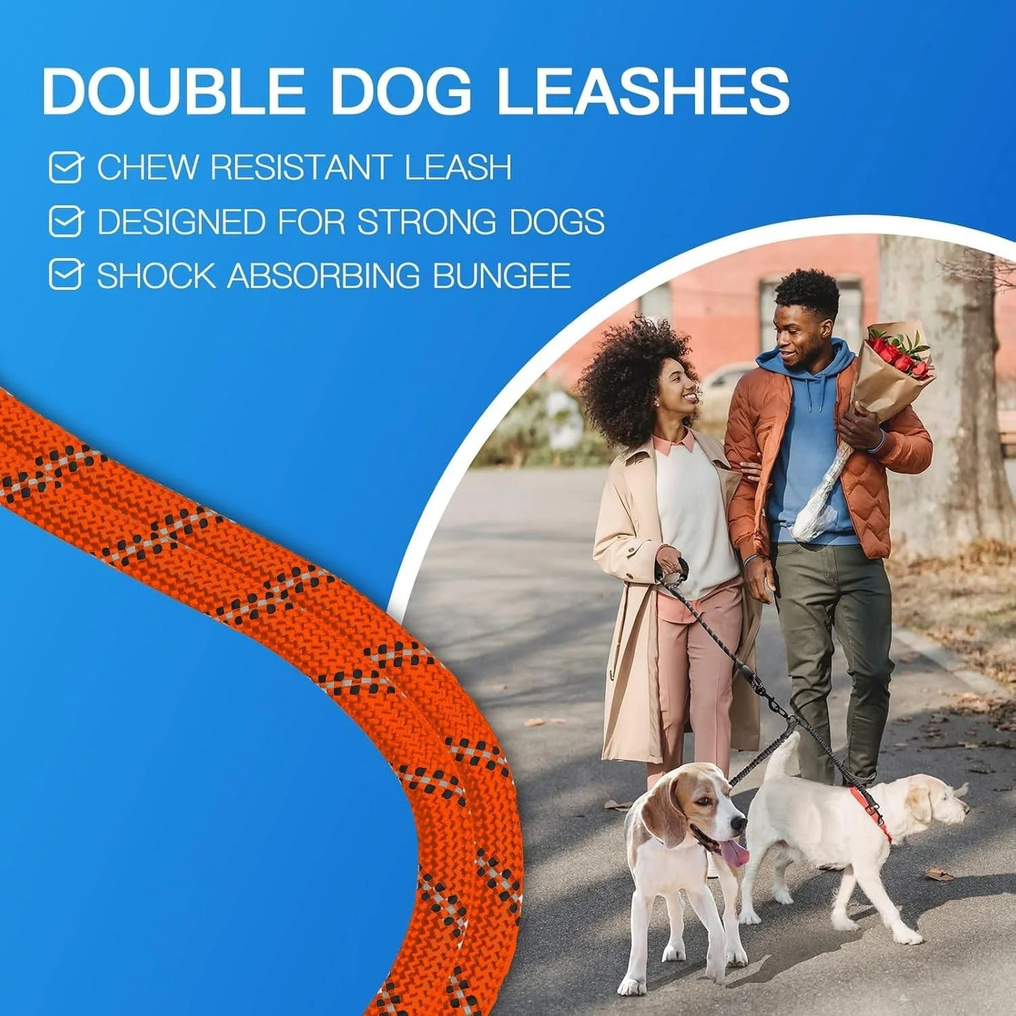 Double Dog Leash for Walking Two Dogs, Dual Shock-Absorbing Bungee Leash with 360° Swivel, Anti-Tangle Reflective Nylon Walking Training Lead for Medium and Large Dogs, 18–121 lbs, Black