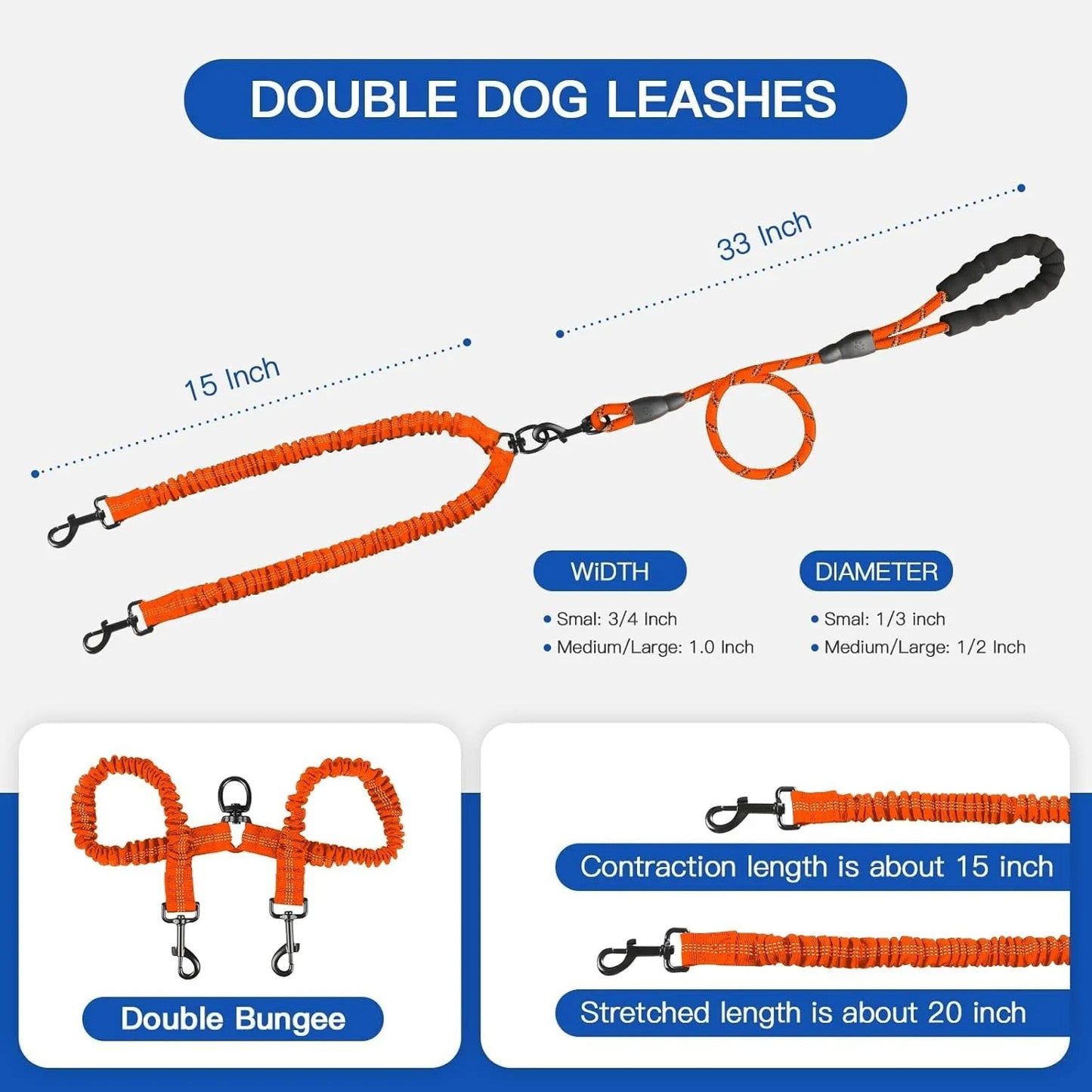 Double Dog Leash for Walking Two Dogs, Dual Shock-Absorbing Bungee Leash with 360° Swivel, Anti-Tangle Reflective Nylon Walking Training Lead for Medium and Large Dogs, 18–121 lbs, Black