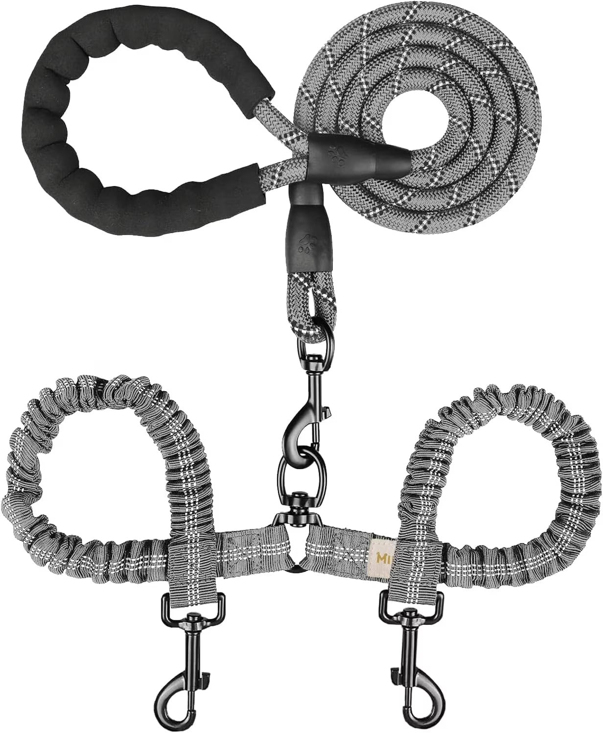Double Dog Leash for Walking Two Dogs, Dual Shock-Absorbing Bungee Leash with 360° Swivel Anti-Tangle Design, Reflective Training Lead for Medium and Large Dogs, 18–121 lbs