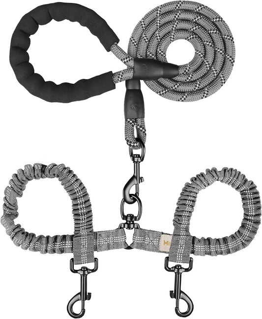 Double Dog Leash for Walking Two Dogs, Dual Shock-Absorbing Bungee Leash with 360° Swivel Anti-Tangle Design, Reflective Training Lead for Medium and Large Dogs, 18–121 lbs