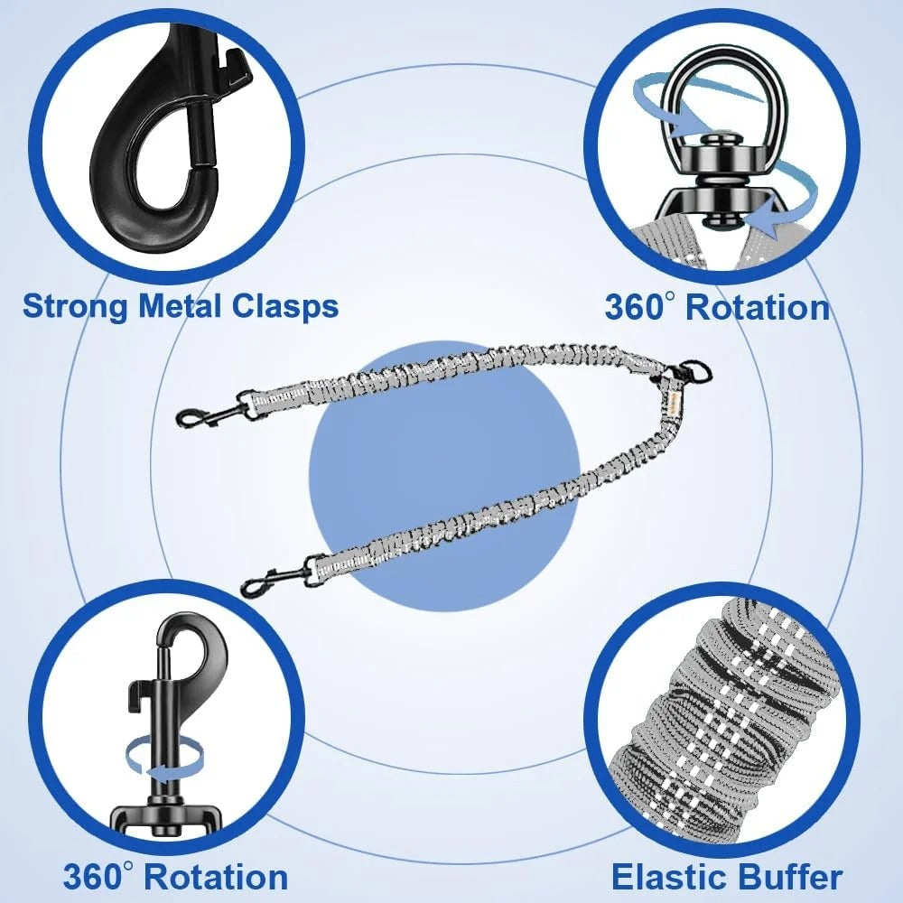 Double Dog Leash for Walking Two Dogs, Dual Shock-Absorbing Bungee Leash with 360° Swivel Anti-Tangle Design, Reflective Training Lead for Medium and Large Dogs, 18–121 lbs