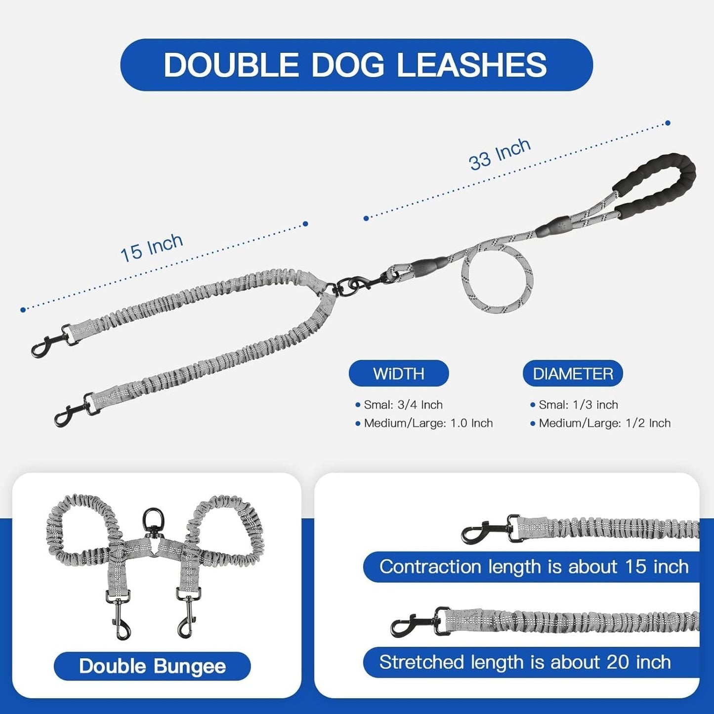Double Dog Leash for Walking Two Dogs, Dual Shock-Absorbing Bungee Leash with 360° Swivel Anti-Tangle Design, Reflective Training Lead for Medium and Large Dogs, 18–121 lbs